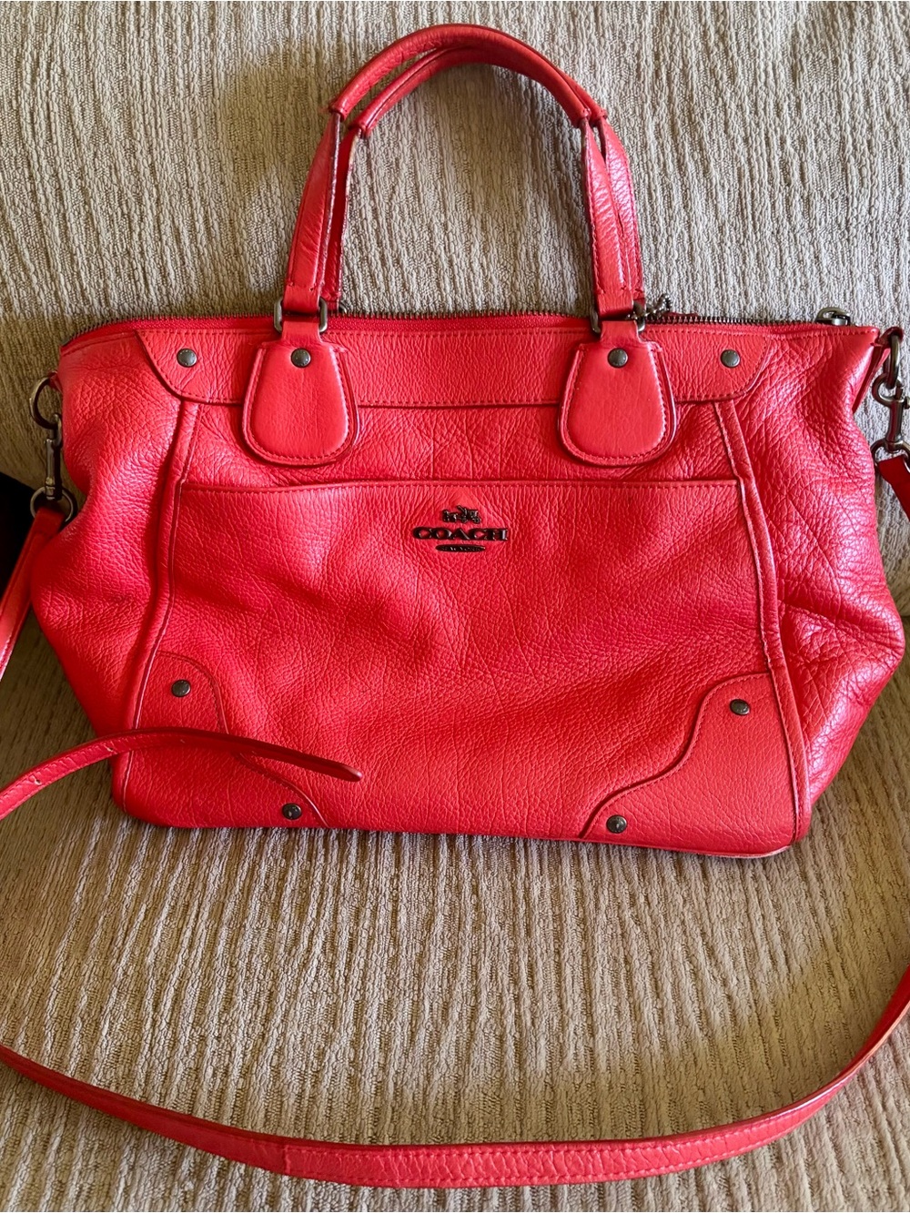 Coach Bright Red Pebbled Leather Satchel with Crossbody Strap